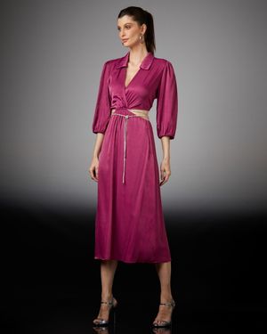 Vestido Midi com Manga e Cordão de Strass