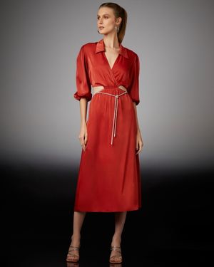 Vestido Midi com Manga e Cordão de Strass