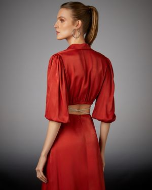 Vestido Midi com Manga e Cordão de Strass