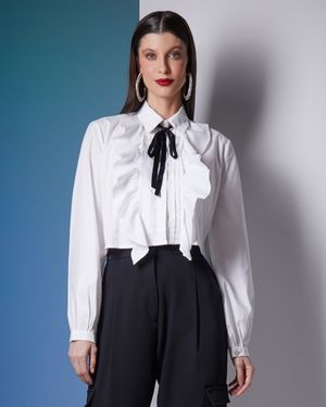 Camisa de Tricoline com Babados e Tomas