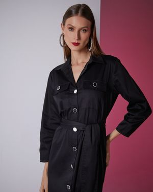Vestido Midi Chemise com Bolso e Fenda Lateral