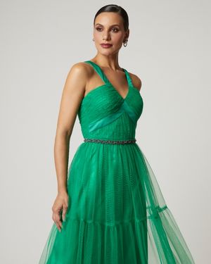 Vestido de Festa Longo de Tule com detalhe Cetim