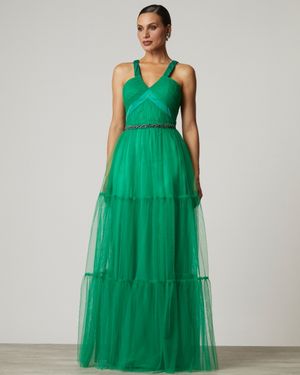 Vestido de Festa Longo de Tule com detalhe Cetim