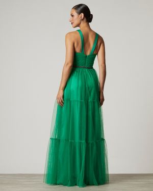 Vestido de Festa Longo de Tule com detalhe Cetim