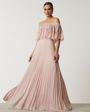 Vestido de Festa Longo Ombro a Ombro com Plissado e Renda