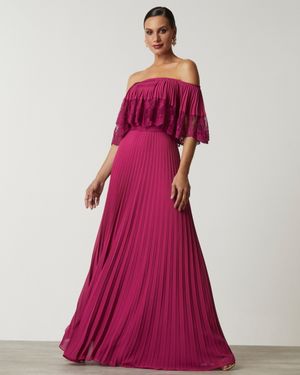 Vestido de Festa Longo Ombro a Ombro com Plissado e Renda