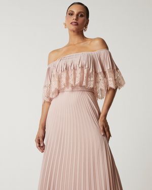 Vestido de Festa Longo Ombro a Ombro com Plissado e Renda