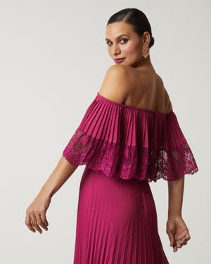 Vestido de Festa Longo Ombro a Ombro com Plissado e Renda