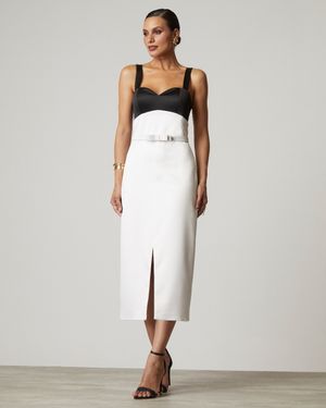 Vestido de Festa Midi P&B com Fenda Frontal