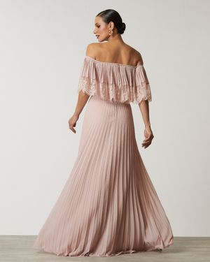 Vestido de Festa Longo Ombro a Ombro com Plissado e Renda