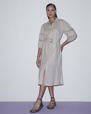 Vestido Chemise Midi Manga com Entremeios