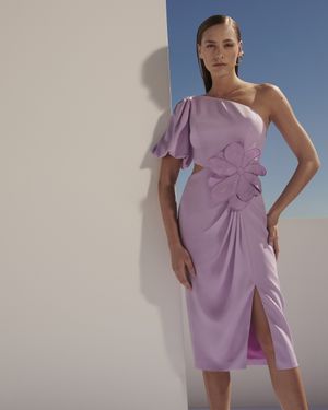 Vestido Midi Um Ombro Só Detalhe Flor