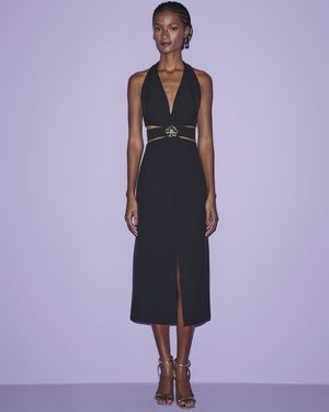 Vestido Midi Recortes com Detalhe Flor