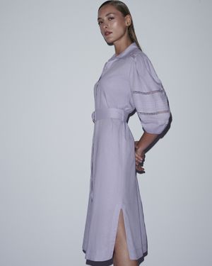 Vestido Chemise Midi Manga com Entremeios