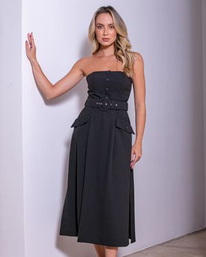 Vestido Midi sem Alças Abotoamento