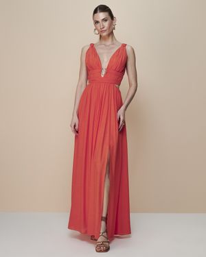 Vestido Maxi Decote com Detalhe Metal