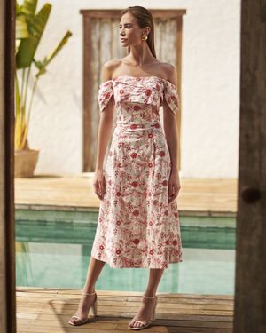 Vestido Midi sem Alças Mangas Drapeadas