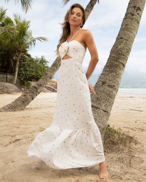 Vestido Longo Poá Detalhe Flor