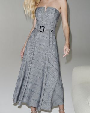 Vestido Xadrez sem Alças Midi com Faixa