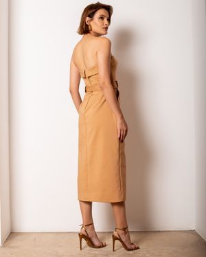 Vestido Midi sem Alças Detalhe Fivela