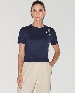 BLUSA MANGA CURTA TRICOT COM APLICAÇÕES