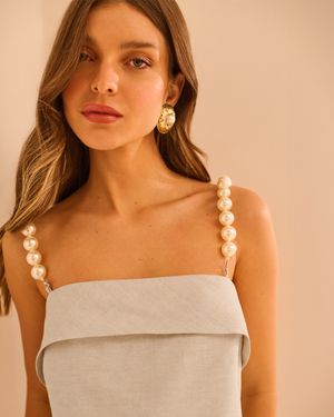CONJUNTO TOP ALÇAS PÉROLAS E CALÇA CENOURA