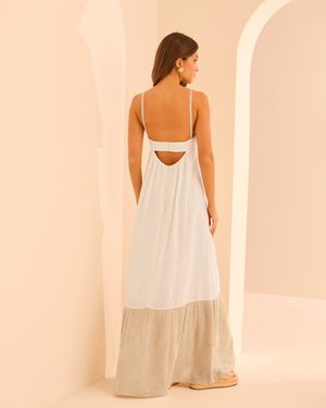 VESTIDO BICOLOR MAXI COM ALÇAS DE PÉROLA