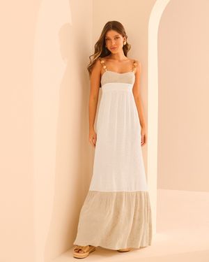 VESTIDO BICOLOR MAXI COM ALÇAS DE PÉROLA