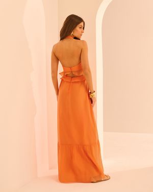 VESTIDO LONGO VAZADO COM BABADOS