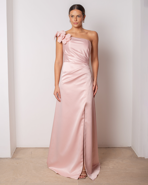 VESTIDO LONGO UM OMBRO SO DETALHE FLOR