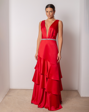 VESTIDO DECOTE V COM CINTO FLOR