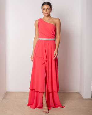 VESTIDO OMBRO SÓ COM BABADOS E FENDA