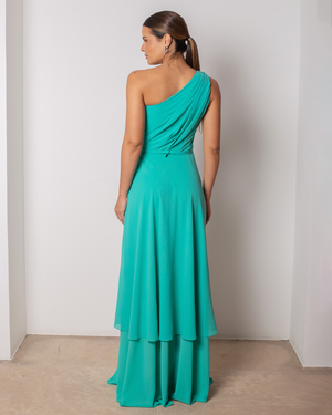 VESTIDO OMBRO SÓ COM BABADOS E FENDA
