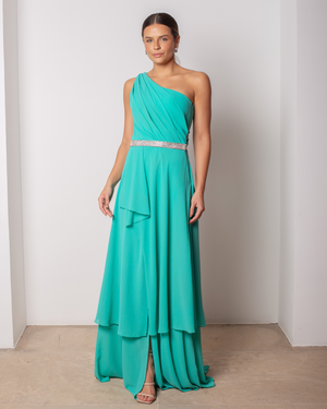 VESTIDO OMBRO SÓ COM BABADOS E FENDA