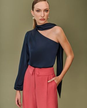 Calça Pantalona Pala Sobreposta com Botão