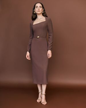 Vestido Manga Longa Decote Assimétrico