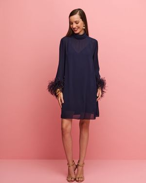 Vestido Mini Manga 7/8 com Plumas 