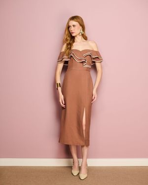 Vestido Midi Babado Ombro a Ombro