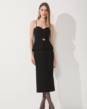 Vestido Midi de Alça com Peplum e Cinto 