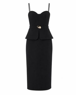 Vestido Midi de Alça com Peplum e Cinto 
