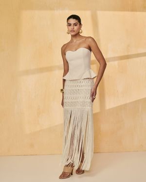 Conjunto Top Peplum e Saia Bordada Franjas