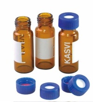 Foto do produto KIT VIAL 2 mL ÂMBAR COM TAMPA ROSCA PP 9 mm, SEPTO PRÉ-CORTADO PTFE/SILICONE - KASVI - EMB c/ 100 und