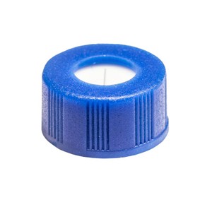 Foto do produto Tampa plástica rosca 9 mm p/ vial, azul, abertura 6 mm, septo em PTFE/Silicone pré-cortado - FILTRILO - EMB c/ 100 und