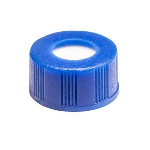 Foto do produto Tampa plástica de rosca, cor azul, rosca de 9mm, com septo em PTFE/Silicone e 1mm de espessura, furo central com 6mm 100