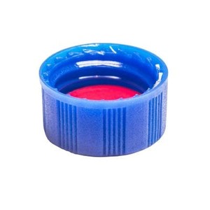 Foto do produto Tampa plástica de rosca, cor azul, rosca de 9mm, com septo em PTFE/Silicone e 1mm de espessura, furo central com 6mm 100
