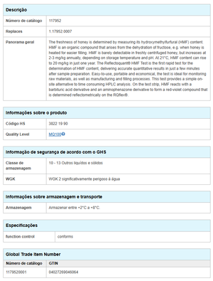 Foto do produto Reflectoquant hidroximetilfurfural (HMF) (1,0-60,0 mg/L) - MERCK - 50 testes