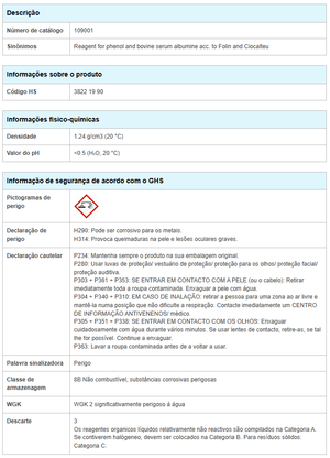 Foto do produto REAGENTE FOLIN-CIOCALTEU - MERCK - 100ML