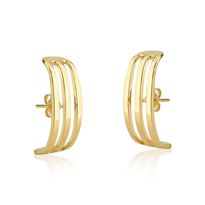 Brinco ear hook dourado 3 elos banhado a ouro 18k