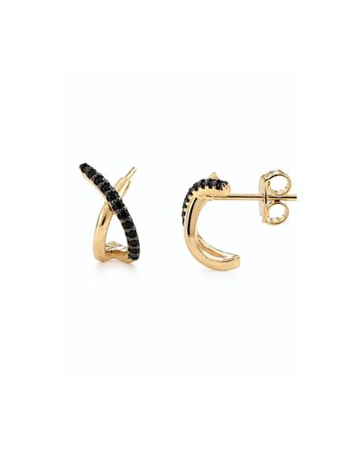 Brinco dourado meia argola cravejado zircônia negra
