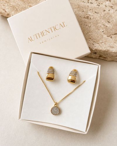Kit 3 -  Argola e Colar Pingente Redondo Cravejado Dourado